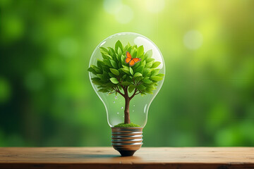 A lightbulb with a tree and butterfly inside, symbolizing nature, sustainability, and eco-friendly concepts. Set on a wooden surface with a blurred green background.