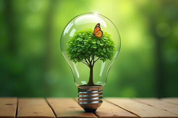 A lightbulb with a tree and butterfly inside, symbolizing nature, sustainability, and eco-friendly concepts. Set on a wooden surface with a blurred green background.
