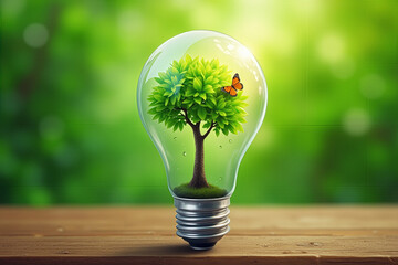 A lightbulb with a tree and butterfly inside, symbolizing nature, sustainability, and eco-friendly concepts. Set on a wooden surface with a blurred green background.
