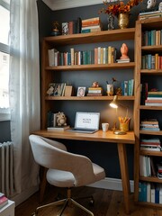 Cozy working room filled with books and colorful decorations.