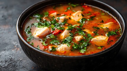 Close-up of a bowl of hearty chicken soup with vegetables and herbs.
