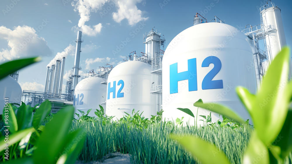 Wall mural a sleek hydrogen production factory showcases large white h2 tanks adorned with blue lettering, inte