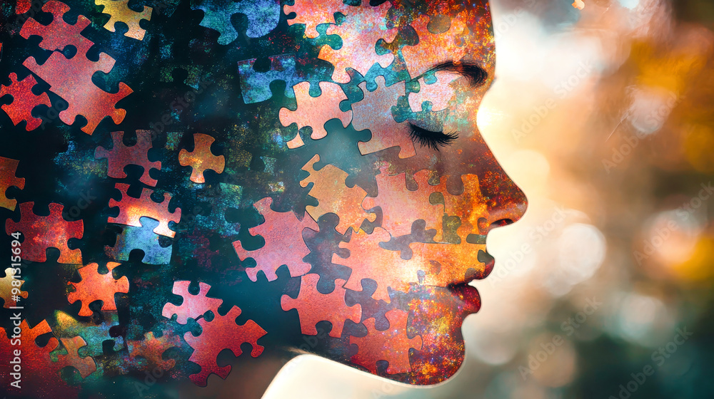Poster a man's silhouette merges with colorful puzzle pieces, symbolizing the complexity of identity and th