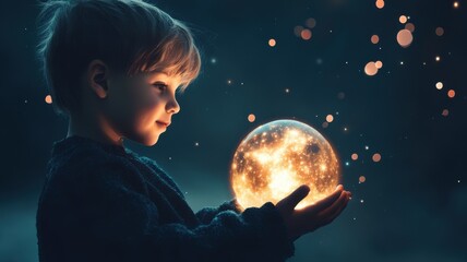 Naklejka premium Child with glowing orb in magical dreamlike atmosphere