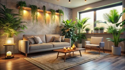 Fototapeta premium Soothing atmosphere in a calm therapy room with a comfortable couch, plants, and a serene background, conveying a sense of relaxation and emotional healing.