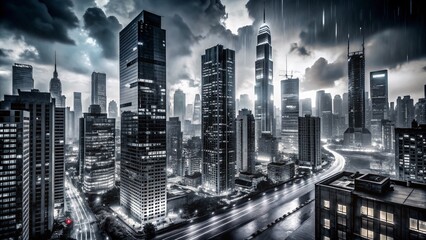 Black and white cityscape at dusk, featuring silhouetted skyscrapers, busy streets, and vibrant neon lights against a dark, moody, and rainy urban background.