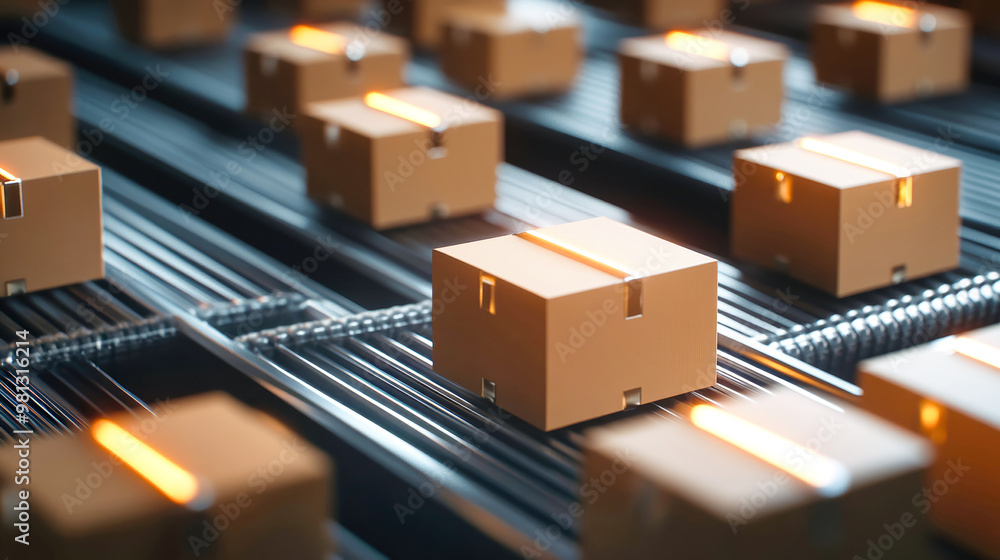 Poster boxes glide smoothly along a conveyor belt, reflecting the efficiency of a factory setting where par