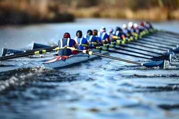 Rowing Team in Action, Water Reflections and Dynamic Motion
