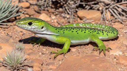 Naklejka premium A lizard rests atop a pile of rocks in the desert, soaking up sunlight while highlighting its beautiful black striped pattern and the surrounding arid landscape