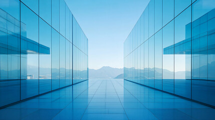 Spacious corridor with blue glass windows reflecting mountains in modern office building