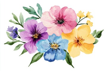 Fototapeta premium This beautiful watercolor illustration of wildflowers in pink, purple, blue, and yellow enhances wedding invitations, greeting cards, and spring decorations with artistic charm for any occasion