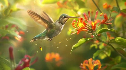 Naklejka premium Close up of a female ruby throated hummingbird mid flight feeding on vibrant honeysuckle flowers