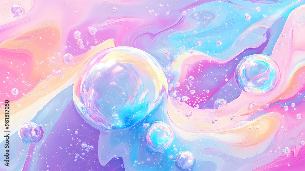 Poster bubbles floating on abstract liquid background with swirls of color