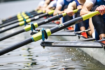 Rowing Team Synchronized Stroke with Oars in Water
