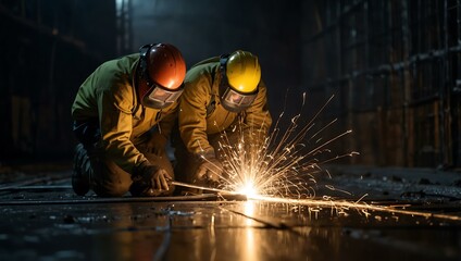 Crew securing steel reinforcements in a curved tunnel, with sparks from welding tools.