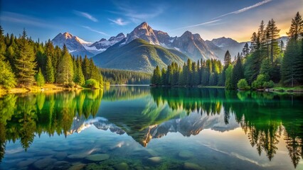 Serene morning scene of a calm lake surrounded by lush green trees, reflecting the majestic mountains in its tranquil glass-like waters.
