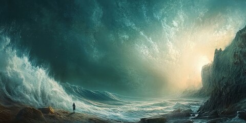 A lone figure stands on a rocky shore, facing a