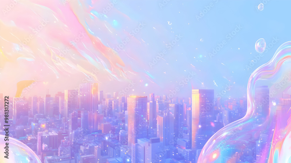 Sticker Dreamy Cityscape with Holographic Bubbles and Pastel Colors