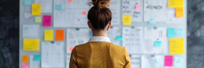 Back view of a woman wearing a headset, reviewing a whiteboard filled with sticky notes and documents, brainstorming project ideas.
