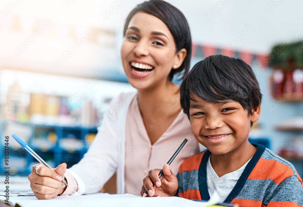 Poster portrait, teacher and child in class together for help in growth, development and support for writin
