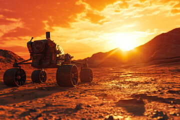 Fototapeta premium Martian rover on surface of red planet. Mars exploration. Mars rover on sand with red sky and sun.