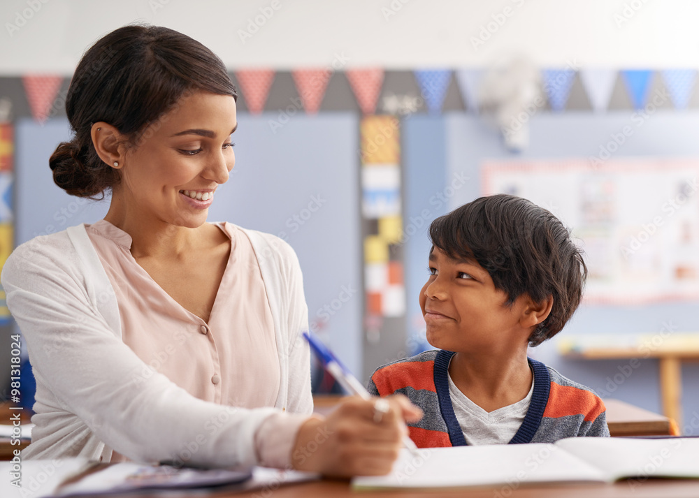 Poster writing, teacher and kid in class for help in student growth, child development and study advice for