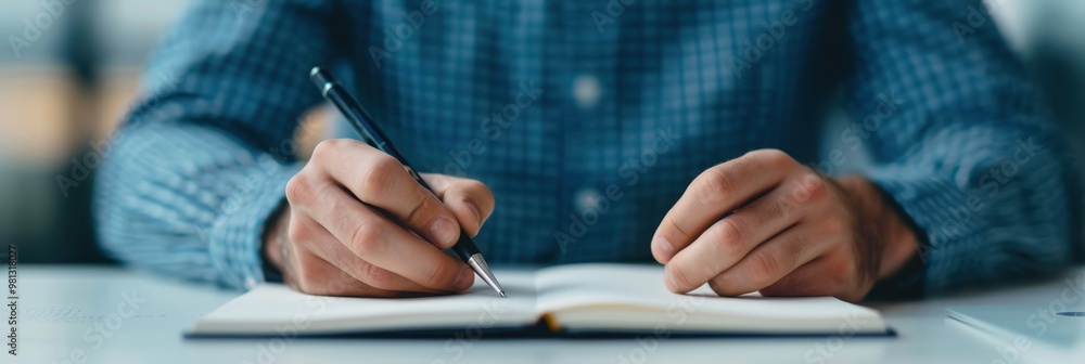 Poster close-up of hands writing with a pen in a notebook during work or study, with focus on productivity 