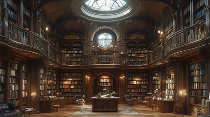 Obraz premium A grand, ornate library with wood-paneled walls, a domed ceiling, and multiple levels of bookshelves filled with books.