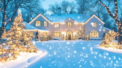 Snow-covered house with glowing wreaths, surrounded by bokeh lights, creating a magical winter holiday scene. Festive and cozy Christmas ambiance concept.