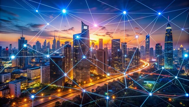 A futuristic cityscape at dusk with neon lights illuminating a complex network of nodes and connections, representing the vast scope of big data analytics.