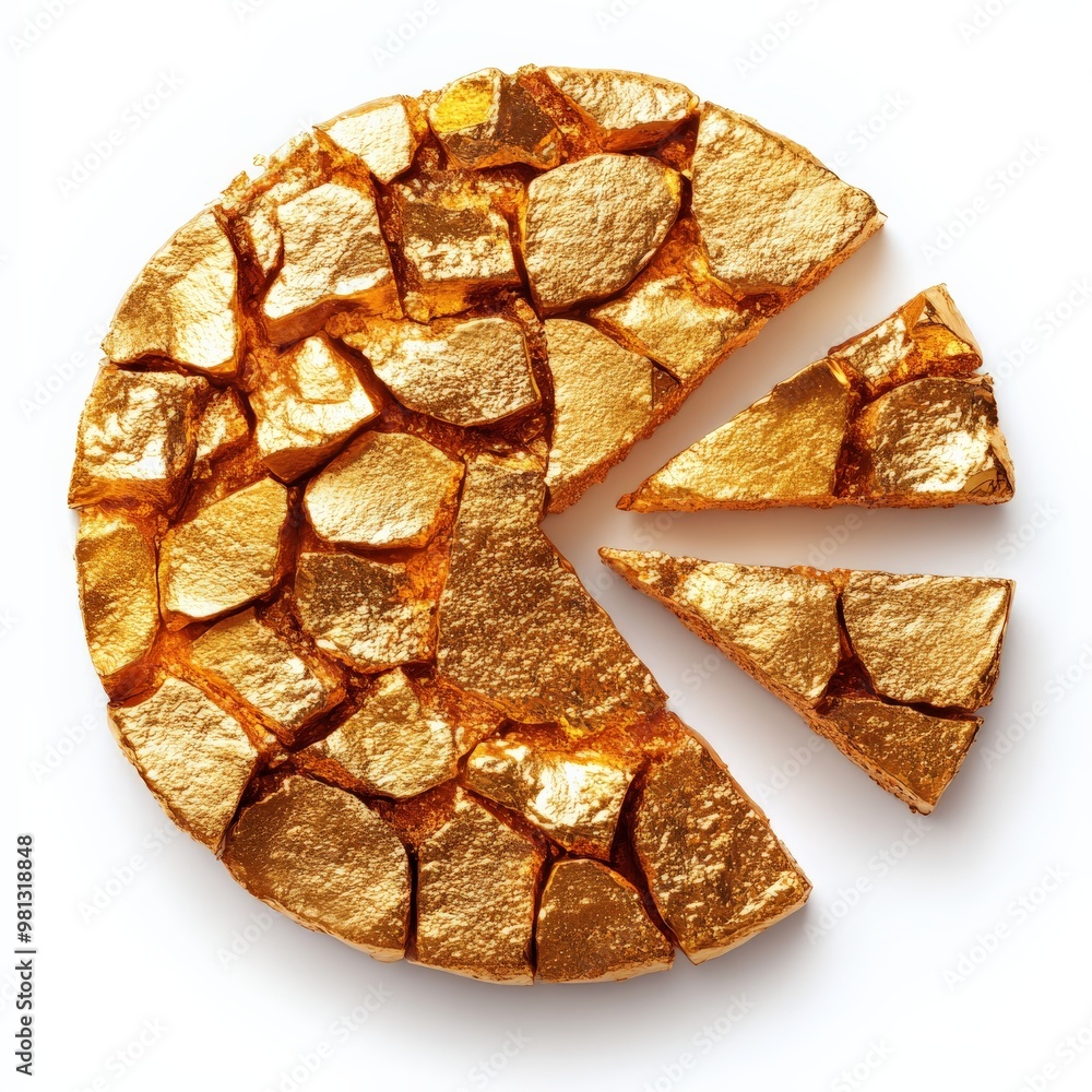 Poster golden pie chart: abstract gold pie chart with one slice removed, symbolizing a portion of a whole, 