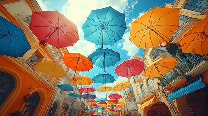Colorful umbrellas hang overhead in a sunny cobblestone street, creating a cheerful and vibrant atmosphere.