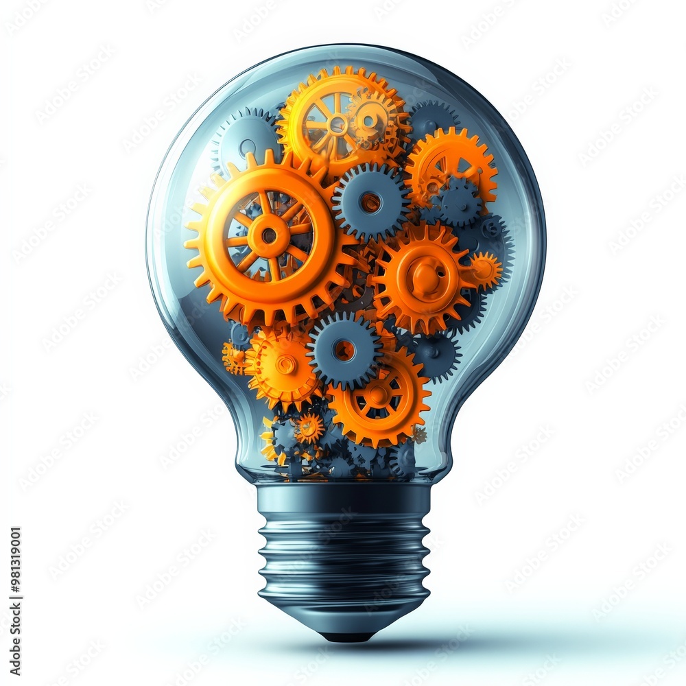 Poster gears of innovation: a lightbulb filled with interlocked gears, symbolizing the intricate workings o