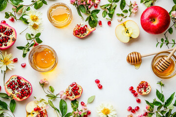 Rosh Hashanah jewish New Year holiday creative pattern. Layout of traditional symbols - apples, honey, pomegranate and flowers.