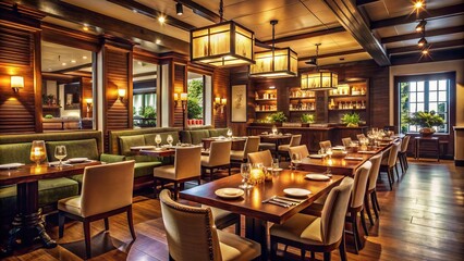 Cozy upscale restaurant interior with dark wood accents, soft lighting, and elegant table settings, evoking a sophisticated and inviting fine dining atmosphere.