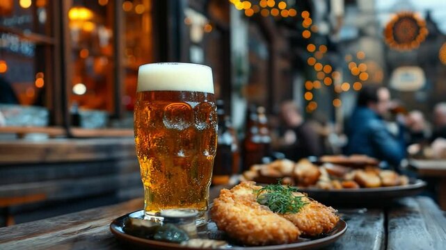 This People savor craft beer paired with crispy fried snacks in a festive outdoor pub atmosphere.