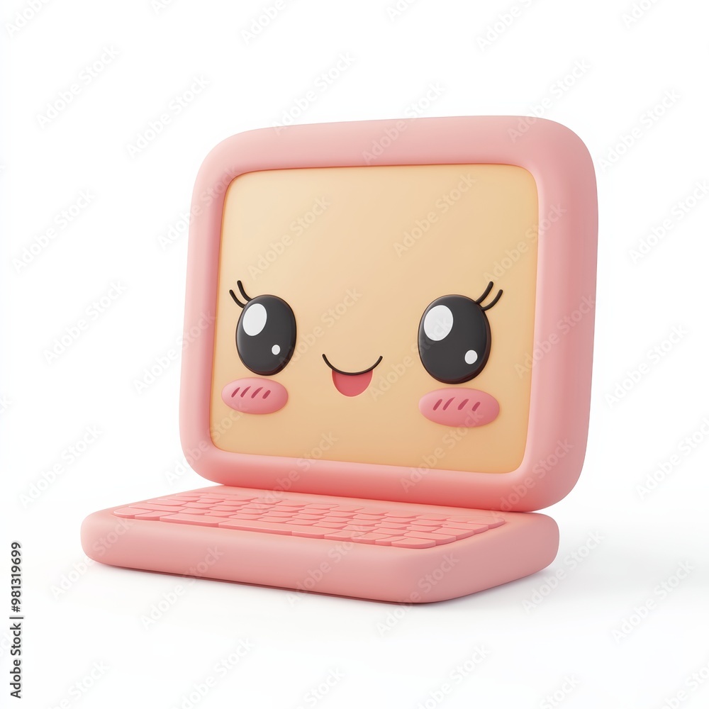 Poster 3d render of a laptop icon with a friendly expression