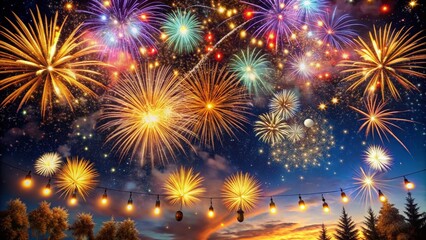 Fototapeta premium Vibrant fireworks explode in a starry night sky, casting a warm glow on festive party decorations, capturing the magic of a joyful holiday celebration.