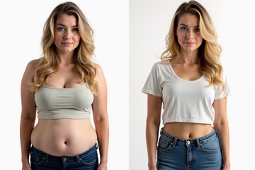 before and after skinny and fat chubby woman on white background, generative AI