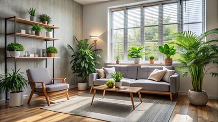 Fototapeta premium Soothing atmosphere of a serene therapist's office with comfortable couch, calming plants, and gentle natural light, evoking feelings of relaxation and peaceful contemplation.