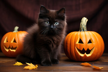 halloween background with black cat and pumpkin. Generative Ai