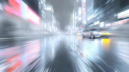 Driving Through the City at Night with Rain and Neon Lights