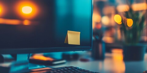 Computer monitor with a yellow sticky note.