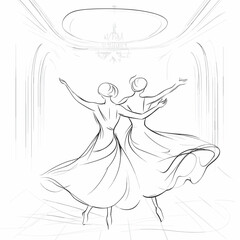 Fototapeta premium vector two girls in dresses dancing simple lines on white background .Generative AI