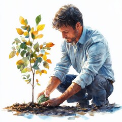 Nurturing New Growth: A man tenderly plants a sapling, symbolizing hope, renewal, and the commitment to a sustainable future.  