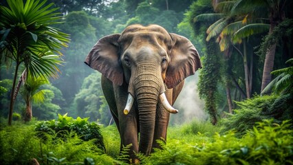 Fototapeta premium Majestic Asian elephant stands alone in a lush green jungle, its wrinkled gray skin and tusks a testament to its ancient wisdom and gentle power.