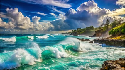 Naklejka premium Turquoise ocean waves crash against the rugged shoreline, sending foamy surf flying high into the air under a bright blue sky with puffy white clouds.