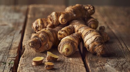 Fresh Galangal Root on Wooden Surface