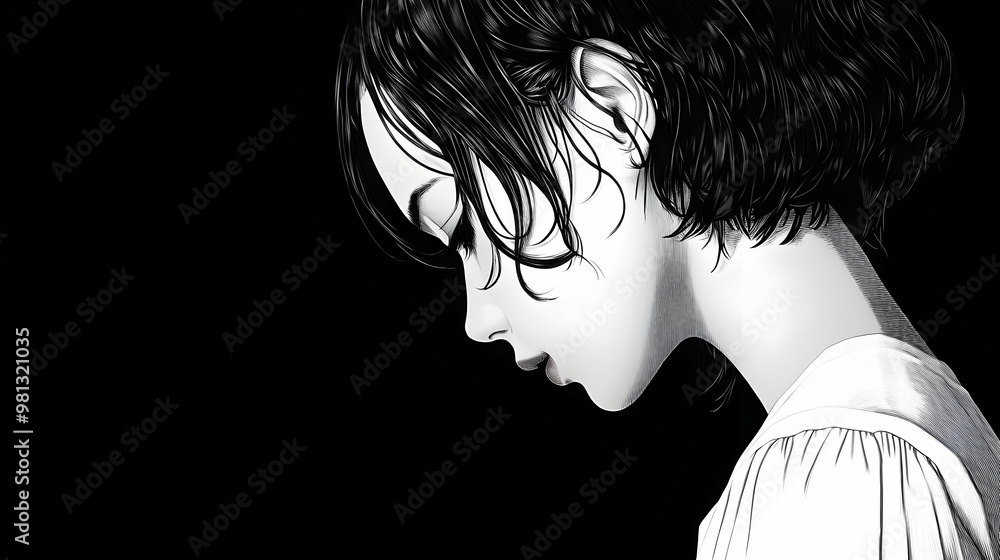 Wall mural Black and White Portrait of Woman with Short Hair Looking Down