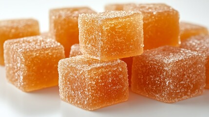 Close-up of translucent, orange, square-shaped gelatin candies with a white sugar coating.